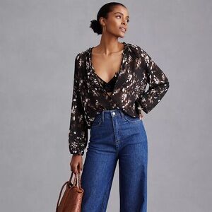 CLOTH & STONE 100% Rayon Moody Floral Ruffle Long Sleeve Blouse | L | Dark Bohem